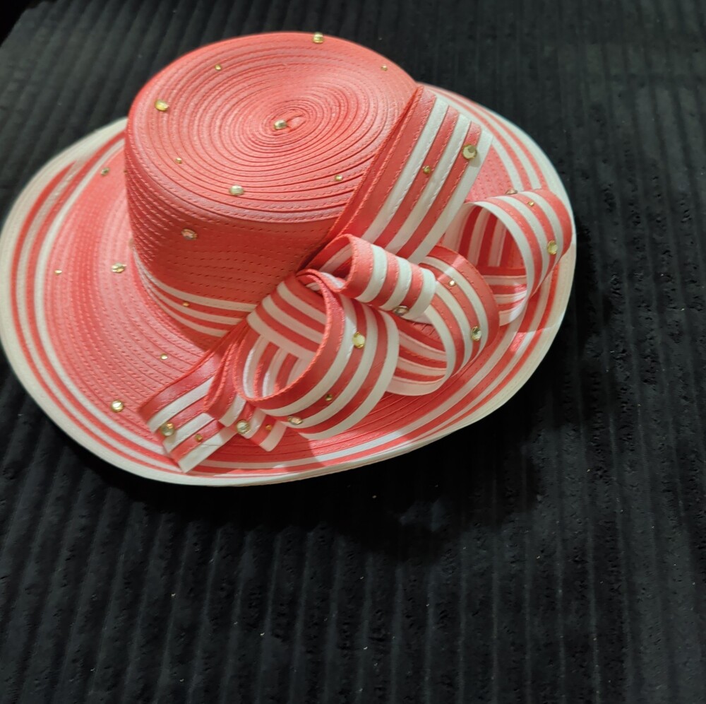 Tally Taylor Coral Pink Derby Church Hat NWT Stripe Crystal Large Bow Ribbon